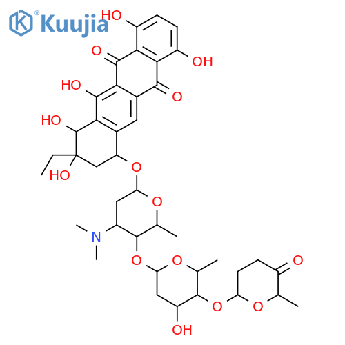 3-ethyl-3,4,5,7,10-pentahydroxy-6,11-dioxo-1,2,3,4,6,11-hexahydrotetracen-1-yl 2,3,6-trideoxy-4-O-[2,6-dideoxy-4-O-(6-methyl-5-oxotetrahydro-2H-pyran-2-yl)hexopyranosyl]-3-(dimethylamino)hexopyranoside structure