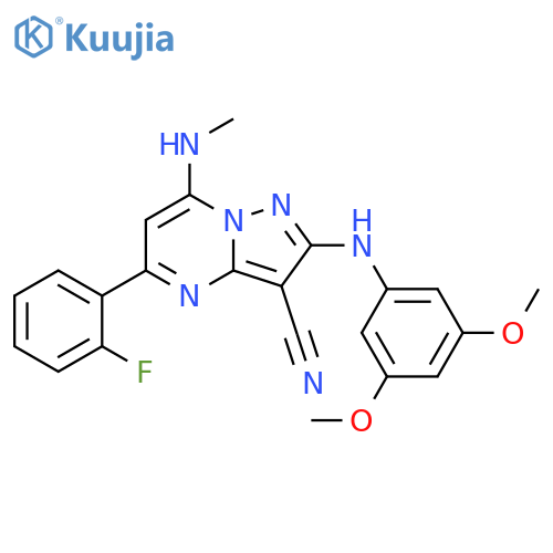 Pyrazolo[1,5-a]pyrimidine-3-carbonitrile,2-[(3,5-dimethoxyphenyl)amino]-5-(2-fluorophenyl)-7-(methylamino)- structure
