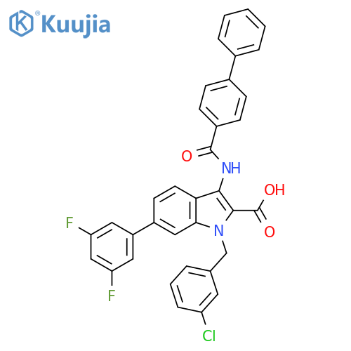 1H-Indole-2-carboxylic acid,3-[([1,1'-biphenyl]-4-ylcarbonyl)amino]-1-[(3-chlorophenyl)methyl]-6-(3,5-difluorophenyl)- structure