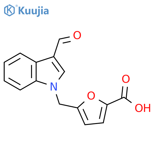 5-[(3-formyl-1H-indol-1-yl)methyl]furan-2-carboxylic acid structure