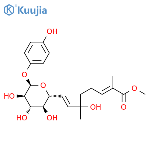 4-Hydroxyphenyl β-D-glucopyranoside 6-[(R,E)-6-hydroxy-2,6-dimethyl-2,7-octadienoate] structure