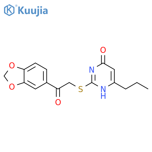 1-(2H-1,3-benzodioxol-5-yl)-2-(4-hydroxy-6-propylpyrimidin-2-yl)sulfanylethan-1-one structure