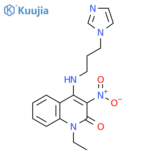 1-ethyl-4-{3-(1H-imidazol-1-yl)propylamino}-3-nitro-1,2-dihydroquinolin-2-one structure