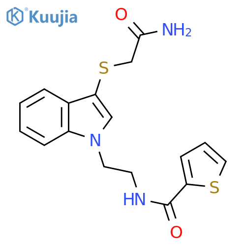 N-(2-{3-(carbamoylmethyl)sulfanyl-1H-indol-1-yl}ethyl)thiophene-2-carboxamide structure