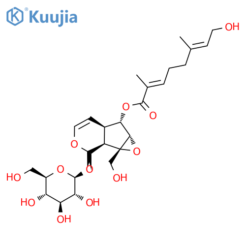 (1aS,1bS,2S,5aR,6S,6aS)-2-(beta-D-glucopyranosyloxy)-1a-(hydroxymethyl)-1a,1b,2,5a,6,6a-hexahydrooxireno[4,5]cyclopenta[1,2-c]pyran-6-yl (2E,6E)-8-hydroxy-2,6-dimethylocta-2,6-dienoate structure