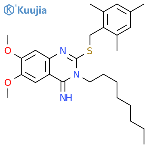 2-[(mesitylmethyl)sulfanyl]-6,7-dimethoxy-3-octyl-4(3H)-quinazolinimine structure