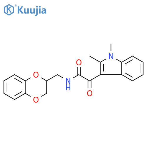 N-(2,3-dihydro-1,4-benzodioxin-2-yl)methyl-2-(1,2-dimethyl-1H-indol-3-yl)-2-oxoacetamide structure