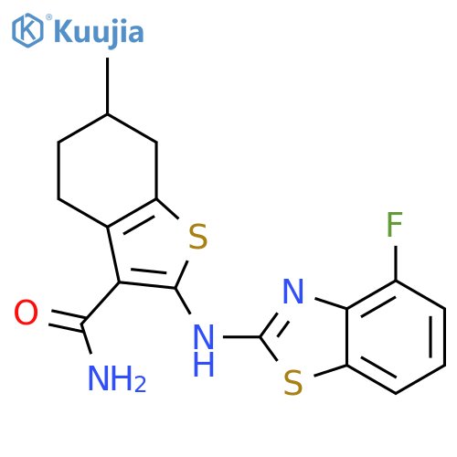 2-(4-fluoro-1,3-benzothiazol-2-yl)amino-6-methyl-4,5,6,7-tetrahydro-1-benzothiophene-3-carboxamide structure