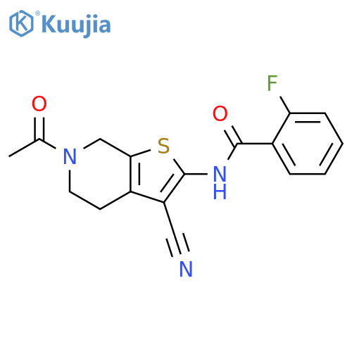 N-{6-acetyl-3-cyano-4H,5H,6H,7H-thieno2,3-cpyridin-2-yl}-2-fluorobenzamide structure