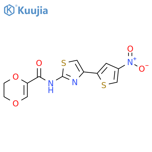 N-4-(4-nitrothiophen-2-yl)-1,3-thiazol-2-yl-5,6-dihydro-1,4-dioxine-2-carboxamide structure