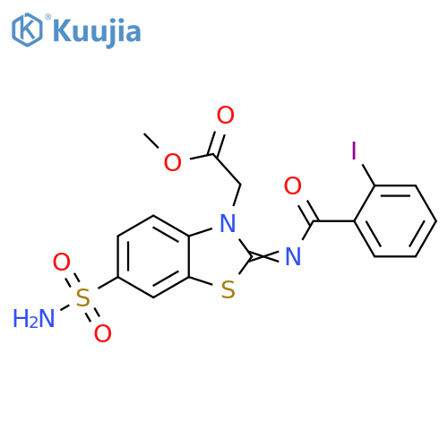 methyl 2-(2Z)-2-(2-iodobenzoyl)imino-6-sulfamoyl-2,3-dihydro-1,3-benzothiazol-3-ylacetate structure