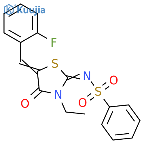 N-(2E,5Z)-3-ethyl-5-(2-fluorophenyl)methylidene-4-oxo-1,3-thiazolidin-2-ylidenebenzenesulfonamide structure