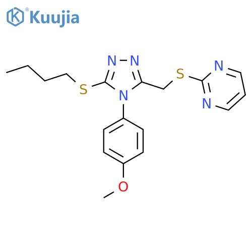 2-({5-(butylsulfanyl)-4-(4-methoxyphenyl)-4H-1,2,4-triazol-3-ylmethyl}sulfanyl)pyrimidine structure