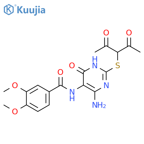N-{4-amino-2-(2,4-dioxopentan-3-yl)sulfanyl-6-oxo-1,6-dihydropyrimidin-5-yl}-3,4-dimethoxybenzamide structure