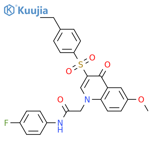 2-3-(4-ethylbenzenesulfonyl)-6-methoxy-4-oxo-1,4-dihydroquinolin-1-yl-N-(4-fluorophenyl)acetamide structure