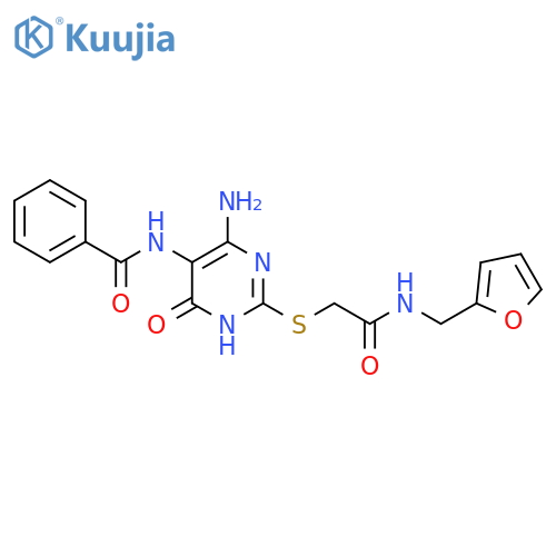 N-{4-amino-2-({(furan-2-yl)methylcarbamoyl}methyl)sulfanyl-6-oxo-1,6-dihydropyrimidin-5-yl}benzamide structure