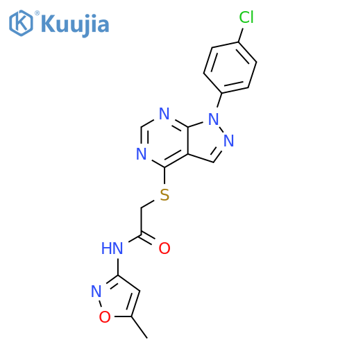 2-{1-(4-chlorophenyl)-1H-pyrazolo3,4-dpyrimidin-4-ylsulfanyl}-N-(5-methyl-1,2-oxazol-3-yl)acetamide structure
