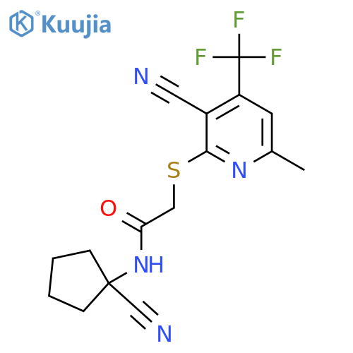 2-{[3-cyano-6-methyl-4-(trifluoromethyl)pyridin-2-yl]sulfanyl}-N-(1-cyanocyclopentyl)acetamide structure