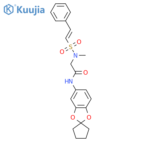 2-(N-methyl-2-phenylethenesulfonamido)-N-{spiro[1,3-dioxaindane-2,1'-cyclopentan]-6-yl}acetamide structure