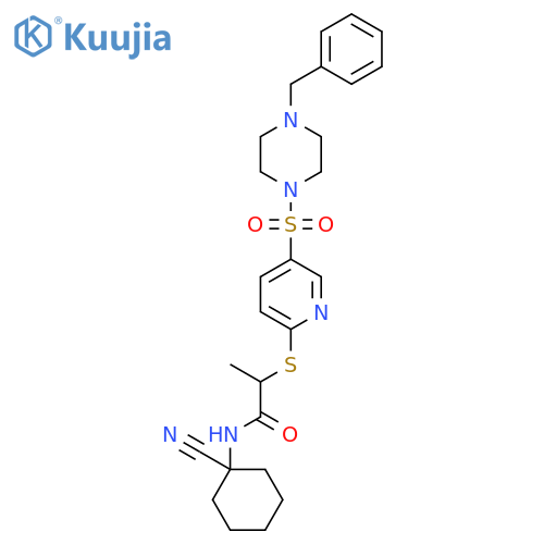 2-[5-(4-benzylpiperazin-1-yl)sulfonylpyridin-2-yl]sulfanyl-N-(1-cyanocyclohexyl)propanamide structure