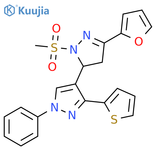 5-(furan-2-yl)-2-methanesulfonyl-1'-phenyl-3'-(thiophen-2-yl)-3,4-dihydro-1'H,2H-3,4'-bipyrazole structure