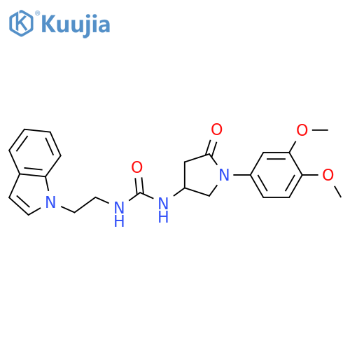 3-1-(3,4-dimethoxyphenyl)-5-oxopyrrolidin-3-yl-1-2-(1H-indol-1-yl)ethylurea structure