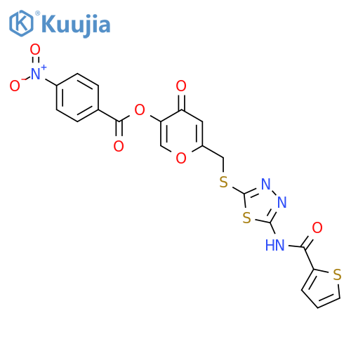 4-oxo-6-({5-(thiophene-2-amido)-1,3,4-thiadiazol-2-ylsulfanyl}methyl)-4H-pyran-3-yl 4-nitrobenzoate structure