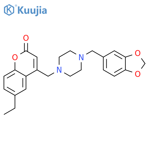 4-({4-(2H-1,3-benzodioxol-5-yl)methylpiperazin-1-yl}methyl)-6-ethyl-2H-chromen-2-one structure