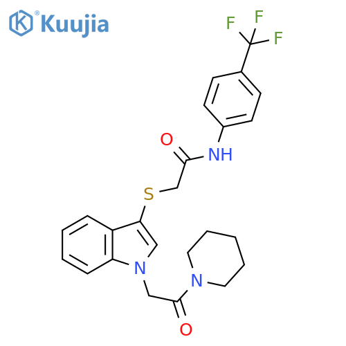 2-({1-2-oxo-2-(piperidin-1-yl)ethyl-1H-indol-3-yl}sulfanyl)-N-4-(trifluoromethyl)phenylacetamide structure