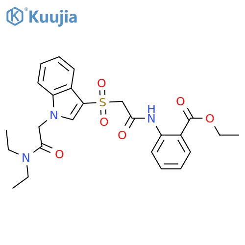 ethyl 2-2-({1-(diethylcarbamoyl)methyl-1H-indol-3-yl}sulfonyl)acetamidobenzoate structure