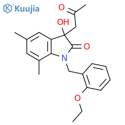 1-(2-ethoxyphenyl)methyl-3-hydroxy-5,7-dimethyl-3-(2-oxopropyl)-2,3-dihydro-1H-indol-2-one structure