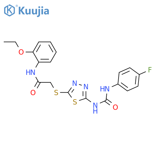 N-(2-ethoxyphenyl)-2-(5-{(4-fluorophenyl)carbamoylamino}-1,3,4-thiadiazol-2-yl)sulfanylacetamide structure