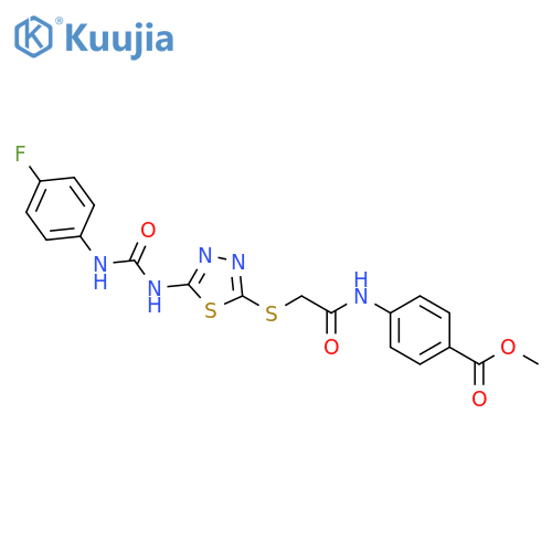 methyl 4-{2-(5-{(4-fluorophenyl)carbamoylamino}-1,3,4-thiadiazol-2-yl)sulfanylacetamido}benzoate structure