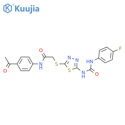 N-(4-acetylphenyl)-2-(5-{(4-fluorophenyl)carbamoylamino}-1,3,4-thiadiazol-2-yl)sulfanylacetamide structure
