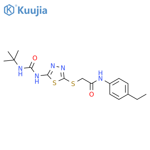 2-({5-(tert-butylcarbamoyl)amino-1,3,4-thiadiazol-2-yl}sulfanyl)-N-(4-ethylphenyl)acetamide structure