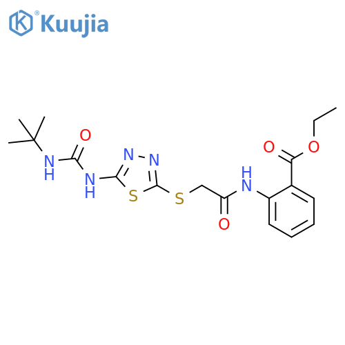 ethyl 2-2-({5-(tert-butylcarbamoyl)amino-1,3,4-thiadiazol-2-yl}sulfanyl)acetamidobenzoate structure