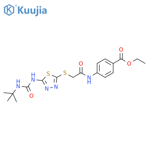 ethyl 4-2-({5-(tert-butylcarbamoyl)amino-1,3,4-thiadiazol-2-yl}sulfanyl)acetamidobenzoate structure