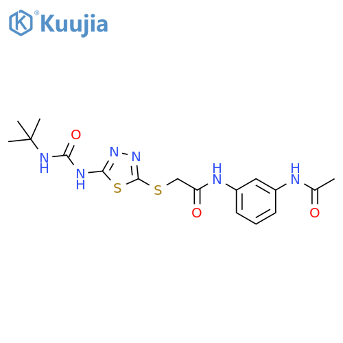 2-({5-(tert-butylcarbamoyl)amino-1,3,4-thiadiazol-2-yl}sulfanyl)-N-(3-acetamidophenyl)acetamide structure