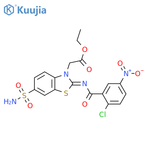 ethyl 2-(2Z)-2-(2-chloro-5-nitrobenzoyl)imino-6-sulfamoyl-2,3-dihydro-1,3-benzothiazol-3-ylacetate structure