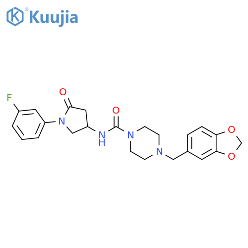 4-(2H-1,3-benzodioxol-5-yl)methyl-N-1-(3-fluorophenyl)-5-oxopyrrolidin-3-ylpiperazine-1-carboxamide structure