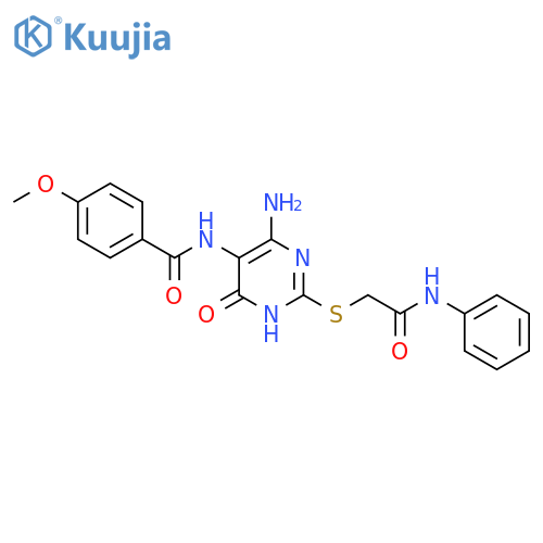N-(4-amino-6-oxo-2-{(phenylcarbamoyl)methylsulfanyl}-1,6-dihydropyrimidin-5-yl)-4-methoxybenzamide structure