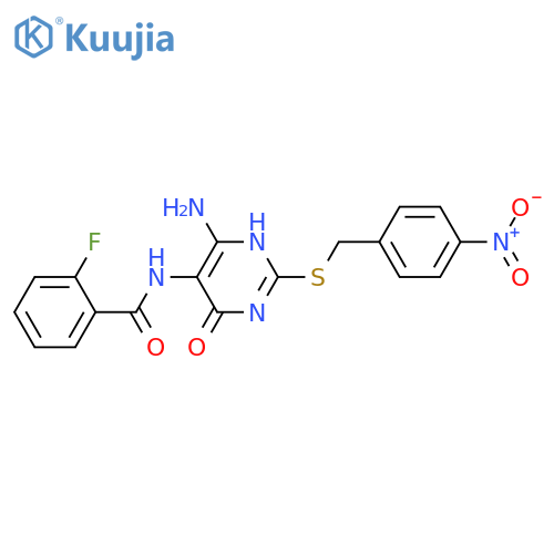 N-(4-amino-2-{(4-nitrophenyl)methylsulfanyl}-6-oxo-1,6-dihydropyrimidin-5-yl)-2-fluorobenzamide structure