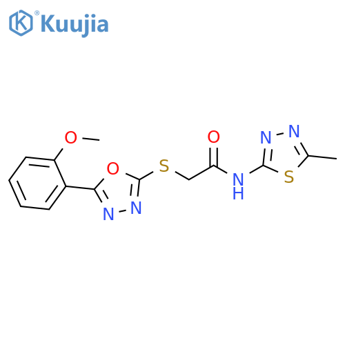 2-{5-(2-methoxyphenyl)-1,3,4-oxadiazol-2-ylsulfanyl}-N-(5-methyl-1,3,4-thiadiazol-2-yl)acetamide structure