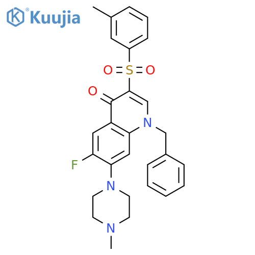 1-benzyl-6-fluoro-3-(3-methylbenzenesulfonyl)-7-(4-methylpiperazin-1-yl)-1,4-dihydroquinolin-4-one structure