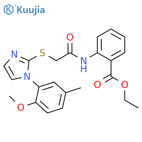 ethyl 2-(2-{1-(2-methoxy-5-methylphenyl)-1H-imidazol-2-ylsulfanyl}acetamido)benzoate structure