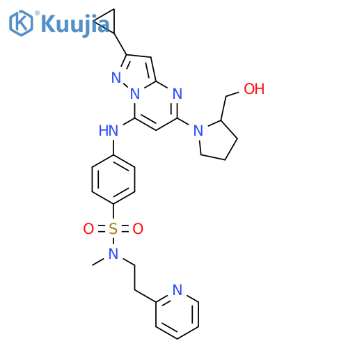 Benzenesulfonamide,4-[[2-cyclopropyl-5-[(2S)-2-(hydroxymethyl)-1-pyrrolidinyl]pyrazolo[1,5-a]pyrimidin-7-yl]amino]-N-methyl-N-[2-(2-pyridinyl)ethyl]- structure
