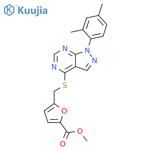 methyl 5-({1-(2,4-dimethylphenyl)-1H-pyrazolo3,4-dpyrimidin-4-ylsulfanyl}methyl)furan-2-carboxylate structure