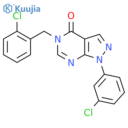 1-(3-chlorophenyl)-5-(2-chlorophenyl)methyl-1H,4H,5H-pyrazolo3,4-dpyrimidin-4-one structure