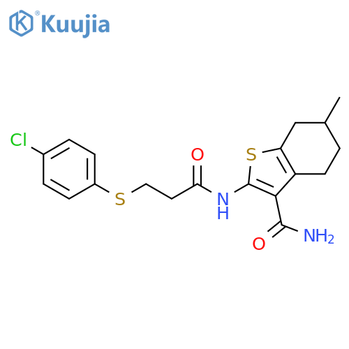 2-{3-(4-chlorophenyl)sulfanylpropanamido}-6-methyl-4,5,6,7-tetrahydro-1-benzothiophene-3-carboxamide structure