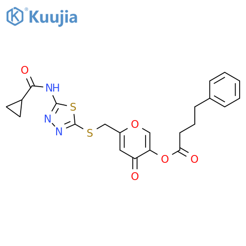 6-{(5-cyclopropaneamido-1,3,4-thiadiazol-2-yl)sulfanylmethyl}-4-oxo-4H-pyran-3-yl 4-phenylbutanoate structure